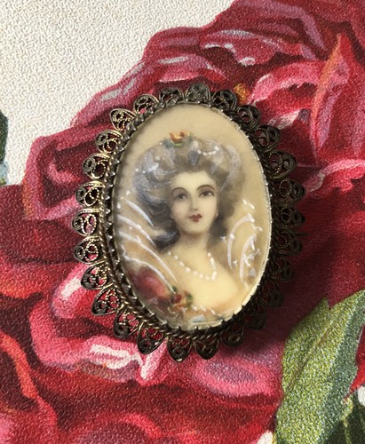 Antique Victorian 800 Silver Filigree Hand Painted Portrait Cameo Pin Pendant - Picture 1 of 7