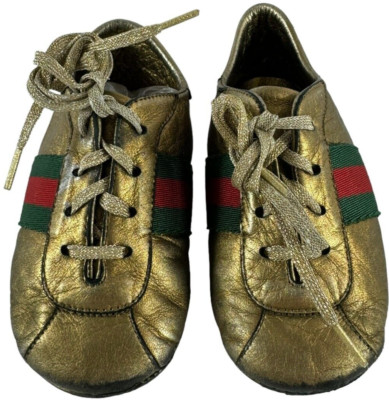 GUCCI Gold Leather Web Low Top Baby Sneakers Made in Italy Marked as 19 - 3.5 US
