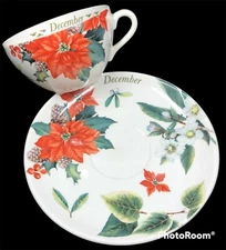 Rare Spode December Cup & Saucer Christmas Poinsettia & Holly Flower of Month