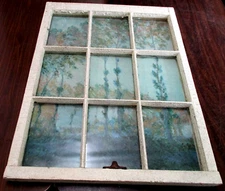 Antique 9 Pane Window with Attached Painting 29"x22"