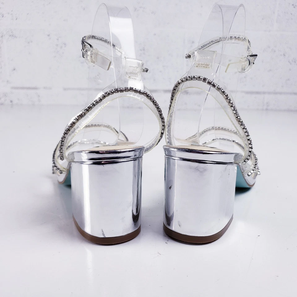 Betsey Johnson 8 Silver Block Heel Rhinestone Slingback Sandal Party Cocktail - Image 3 of 4