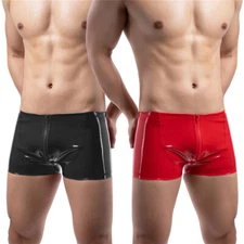 Men's Underwear Low Rise Zipper Boxer Briefs Shiny Leather Swim Trunks Shorts