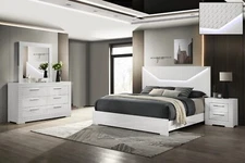 Modern LED Light Bedroom Set King Size 4pc Bed Dresser Mirror Nightstand