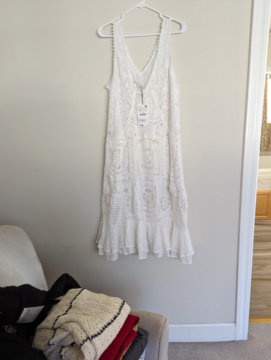 ZARA $169 V-NECK CONTRAST CROCHET KNIT LACE MIDI DRESS WHITE 3185