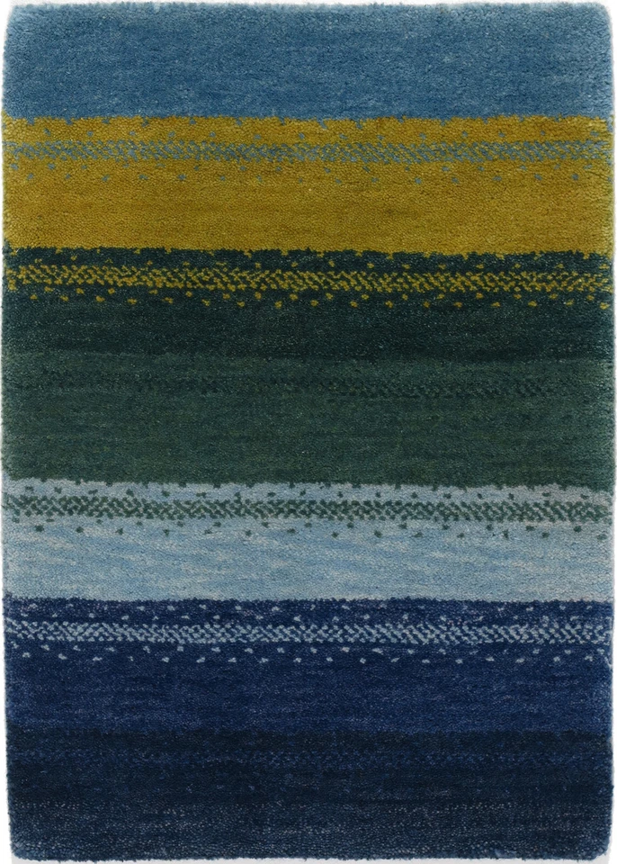 Gabbeh Teppich Orient Perser Rug Blau Gelb Grün Schurwolle Streifen Design Deko - Bild 1 von 1