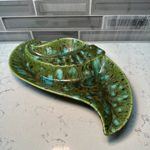 Ceramic Glazed Leaf Shape Mid Century Modern Ashtray Retro Green Brown Turquoise - Picture 3 of 9
