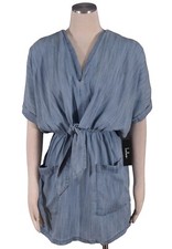 LULUS Dress Mini Blue Wash Cotton Bow Knot Elastic Waist Front V Neck Size M NEW