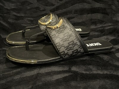 DKNY Haya Black Gray Gold Logo Sandals Size 7