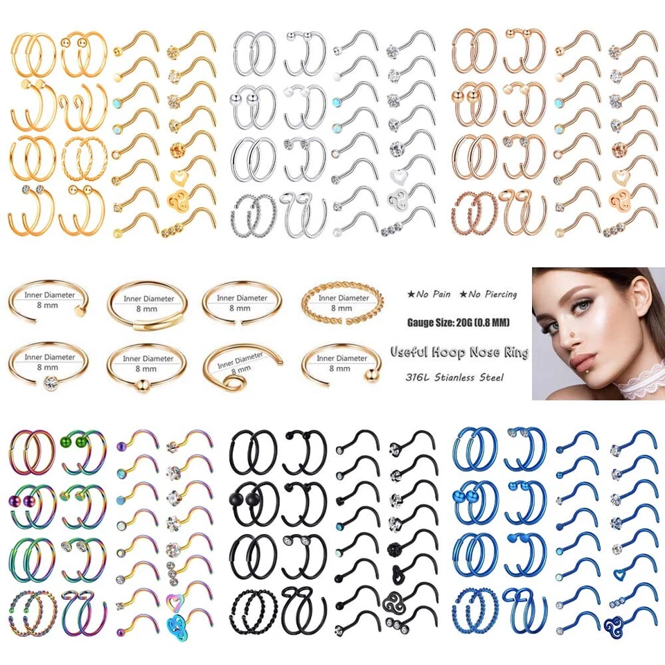 30-42 PIEZAS Ópalo/Cristal Nariz Aro Anillos 20G 316L Acero Tornillo Pin Perno Piercing Kit Foto 3 de 4