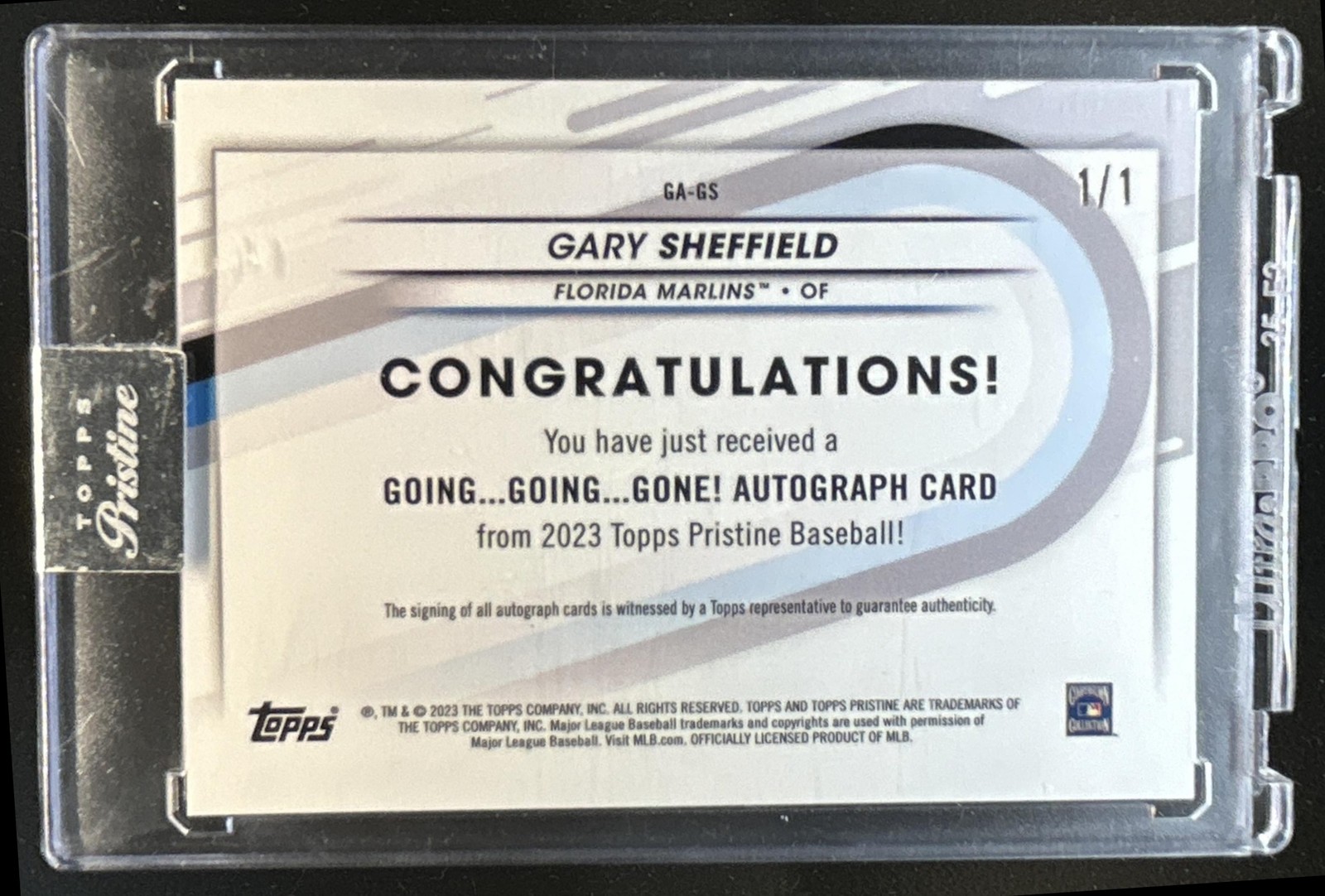 2023 Topps Pristine Gary Sheffield Going Gone! Auto Superfractor #1/1 Marlins view 2