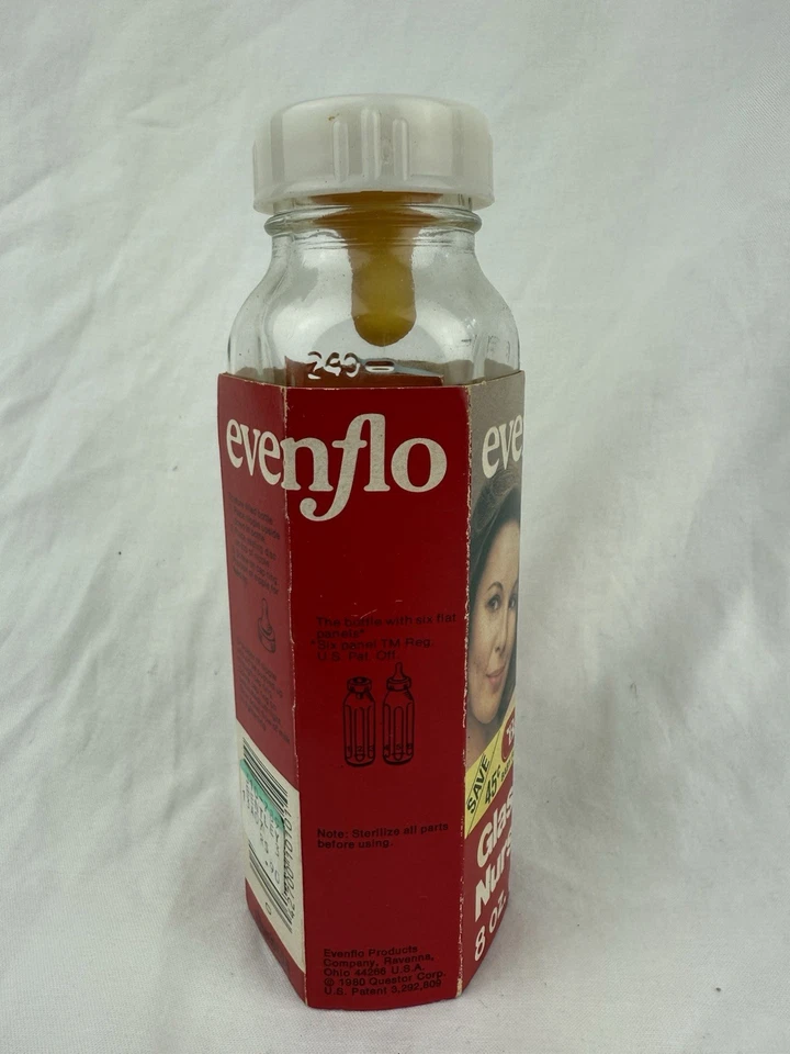 De colección Años 80 Evenflo Botella Vidrio Vivero 8oz Nuez de Haya Publicidad Pezón Nuevo Nuevo de Lote Antiguo EE. UU. Foto 3 de 4