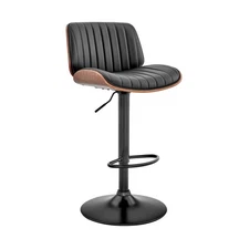 Brock Modern Adjustable Height Swivel Black Faux Leather and Walnut Wood Bar ...
