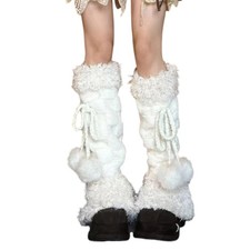 Furry Leg Warmer Covers with Cute Plush Balls Bowknot for Winter Festival Outfit