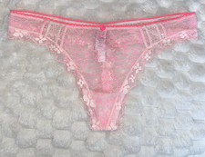 Victoria's Secret Dream Angels Thong Panties L Pink Floral Lace Sheer Bow