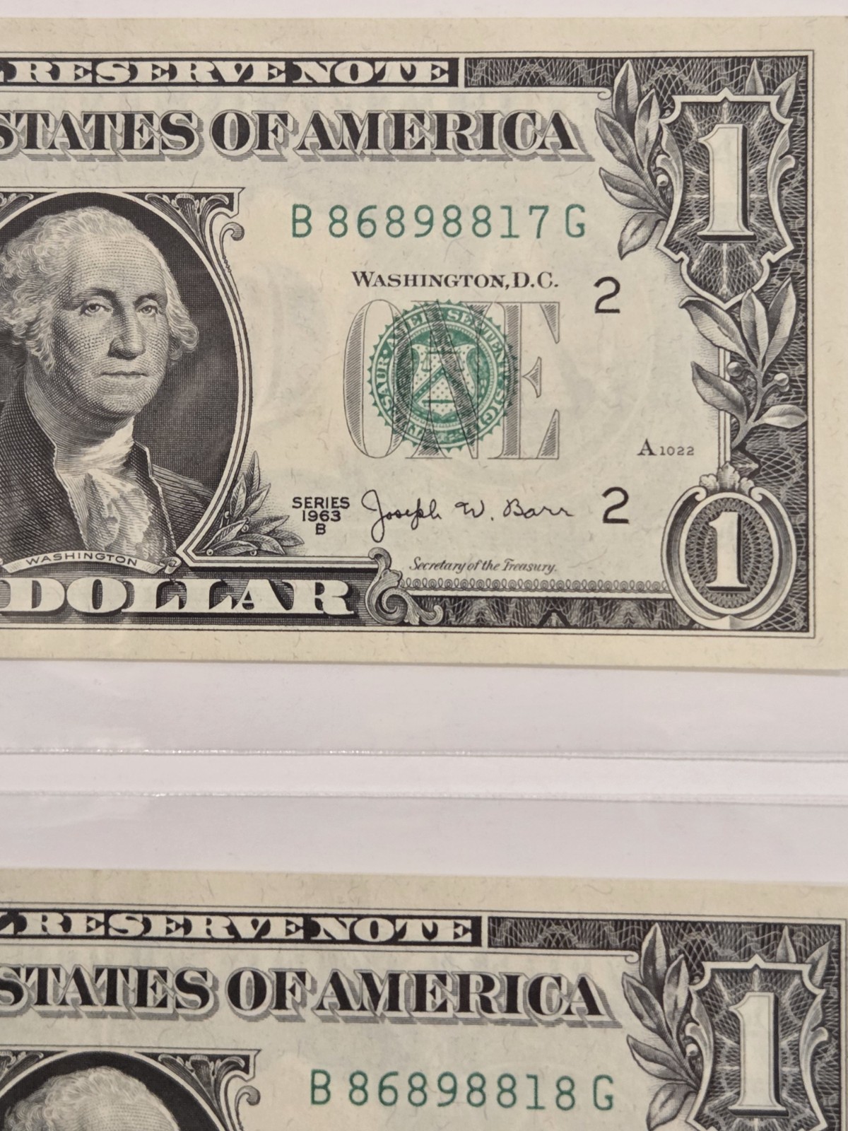 2 Consecutive 1963 B One Dollar Bills BARR NOTES  $1 UNCIRCULATED
