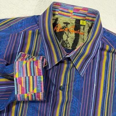 Robert Graham Men's XL Classic Fit Button Down LS Shirt Striped Colorful Blue