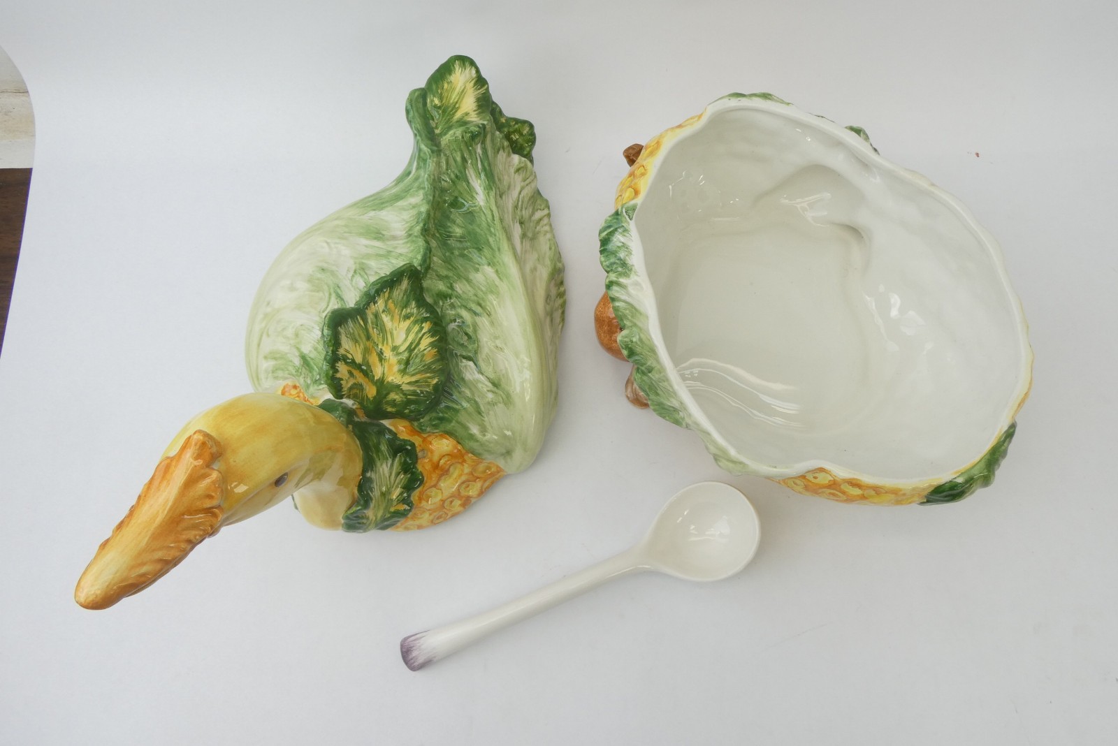 Italian Vietri Goose Cabbage Large Figural Tureen w/ Ladle Botanical Collection
