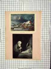 Old Antique Print C1880 Winter Scene Man Book Widow Belem Castle Lisbon 19th