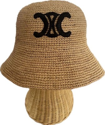 CELINE Triomphe Embroidered Logo Bucket Hat Raffia Crochet M Beige Women New