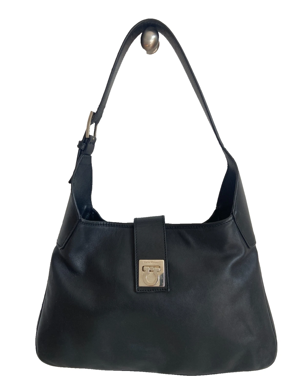 Ferragamo — SALVATORE FERRAGAMO Gancini Hobo Shoulder Bag - Black Leather & Silver Logo