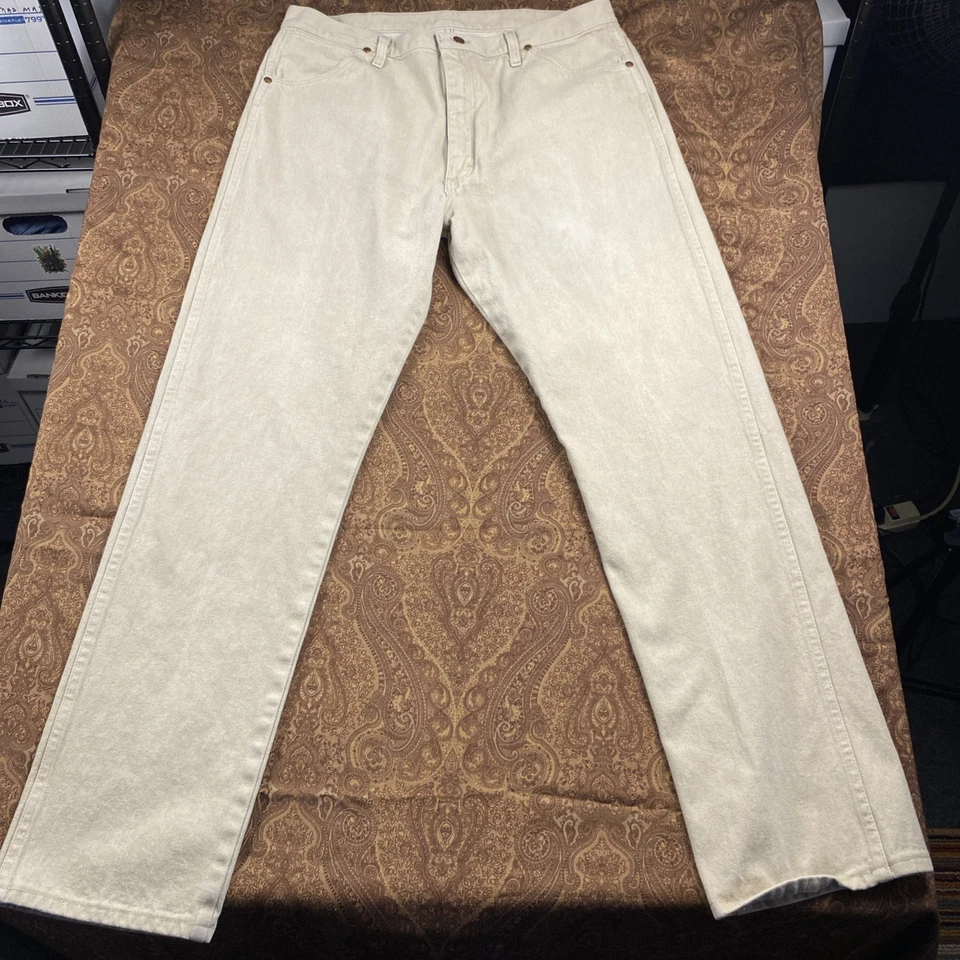 Pantalones de mezclilla Wrangler corte vaquero para hombre 38X34 ajuste 36x33” beige/bronceado 13MWZTN vintage Foto 3 de 4