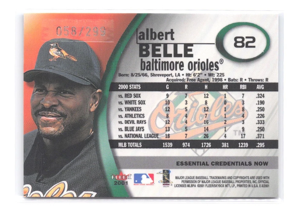 Fleer E-X 2001 Albert Belle #/299 Essential Credentials Parallel SP 82 Orioles Foto 2 de 2