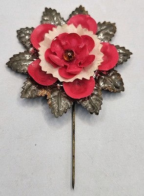 Antique Millinery Stick Pin Edwardian Gold Metallic Leaf Fabric Flower Glass VTG
