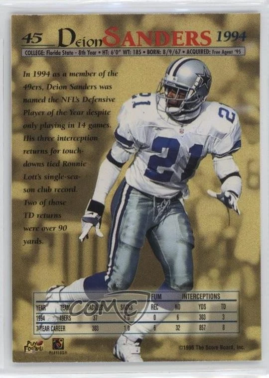 1996 Pro Line II Memorabilia Deion Sanders #45 HOF - Image 2 of 2