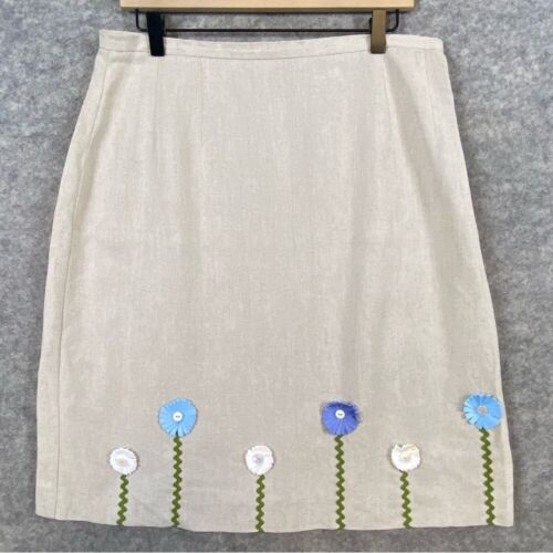 Harve Benard 90s Linen Blend Skirt Size 14 Beige Floral Appliqué Vintage Preppy