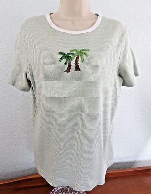 Coral Bay Woman's Green & White Striped Short Sleeve Pullover Top Missy Large