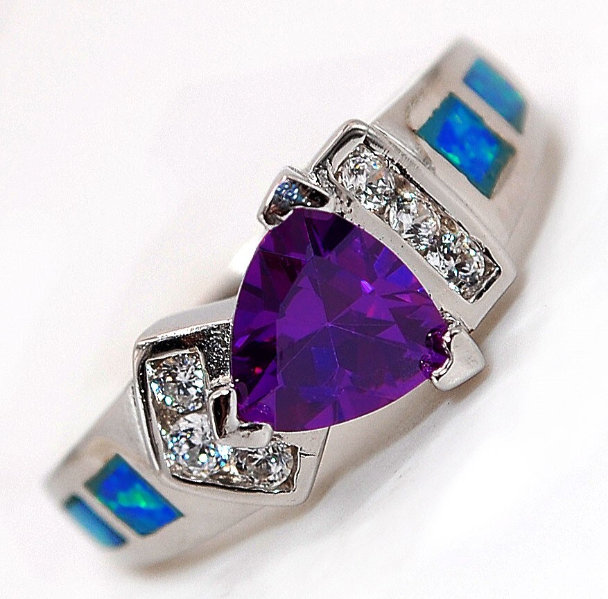 1CT Amethyst & Australian Opal Inlay 925 Sterling Silver Ring Jewelry Sz 7 AT1