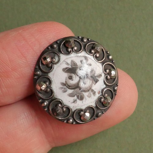 Bouton ancien - Émail peint grisaille & clous d'acier -23 mm-XIXe-Enamel Buttons - Picture 3 of 5