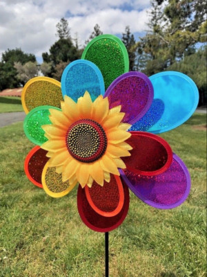 Rainbow Sparkle Double Flower pinwheel spinner