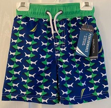NAUTICA Boys' Performance 50 UPF Swim Trunks with Sharks Pattern - S/4 - BNWT