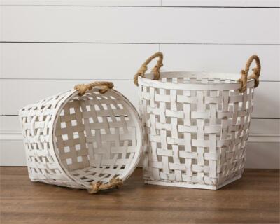 large white tobacco basket New Shabby Farmhouse Distressed AGED WHITE TOBACCO BASKET HANDLES Large  Laundry