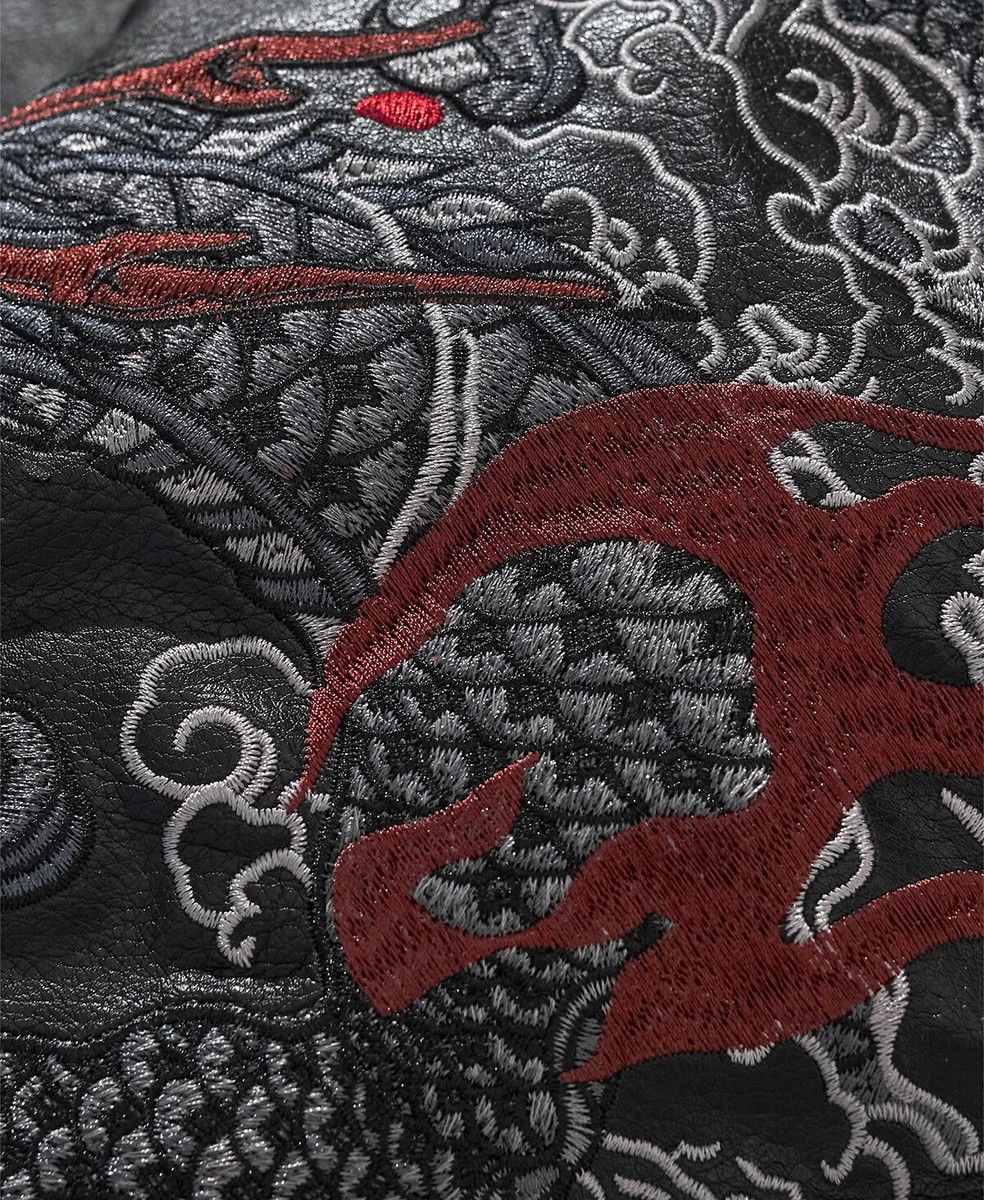 Mens Japanese Pattern Embroidery Dragon Faux Leather Warm Varsity