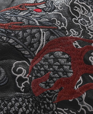 Mens Japanese Pattern Embroidery Dragon Faux Leather Warm Varsity