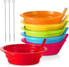 Kids Cereal Bowls with Straws - Set of 6 Plastic Bowl with Straw for Kids BPA...