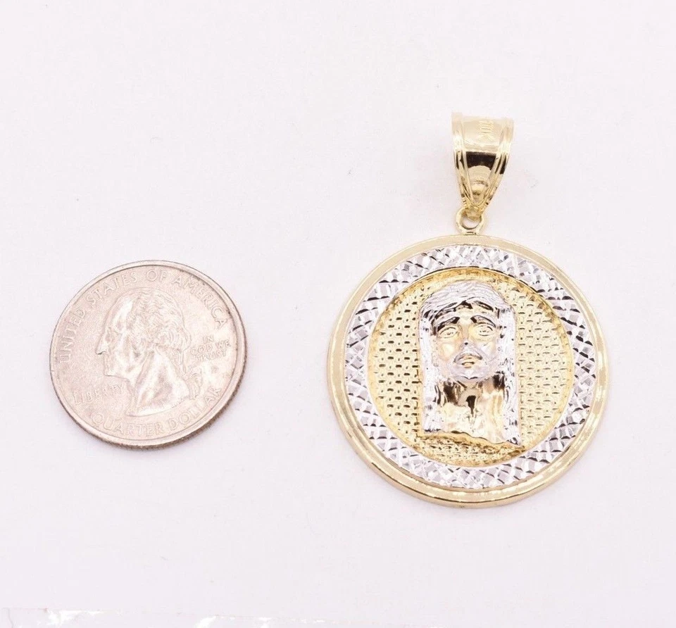 Colgante medallón redondo con cabeza de Jesús de 2" corte diamante real oro amarillo blanco de 10K Foto 3 de 4