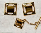 Tie Tac Pin Cuff Links set Vintage Square Tigers Eye Cufflinks Gold toned
