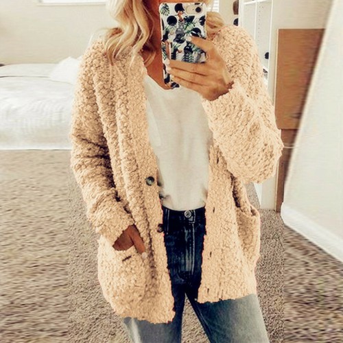 Damen Langarm Fleece Flauschige Strickjacke Pullover Tasche Mantel Jacke Oversize - Bild 18 von 32