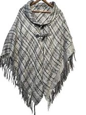 Plaid Poncho With Toggle Closure & Fringe Hem Shaw Collar Gray Black LT Weight