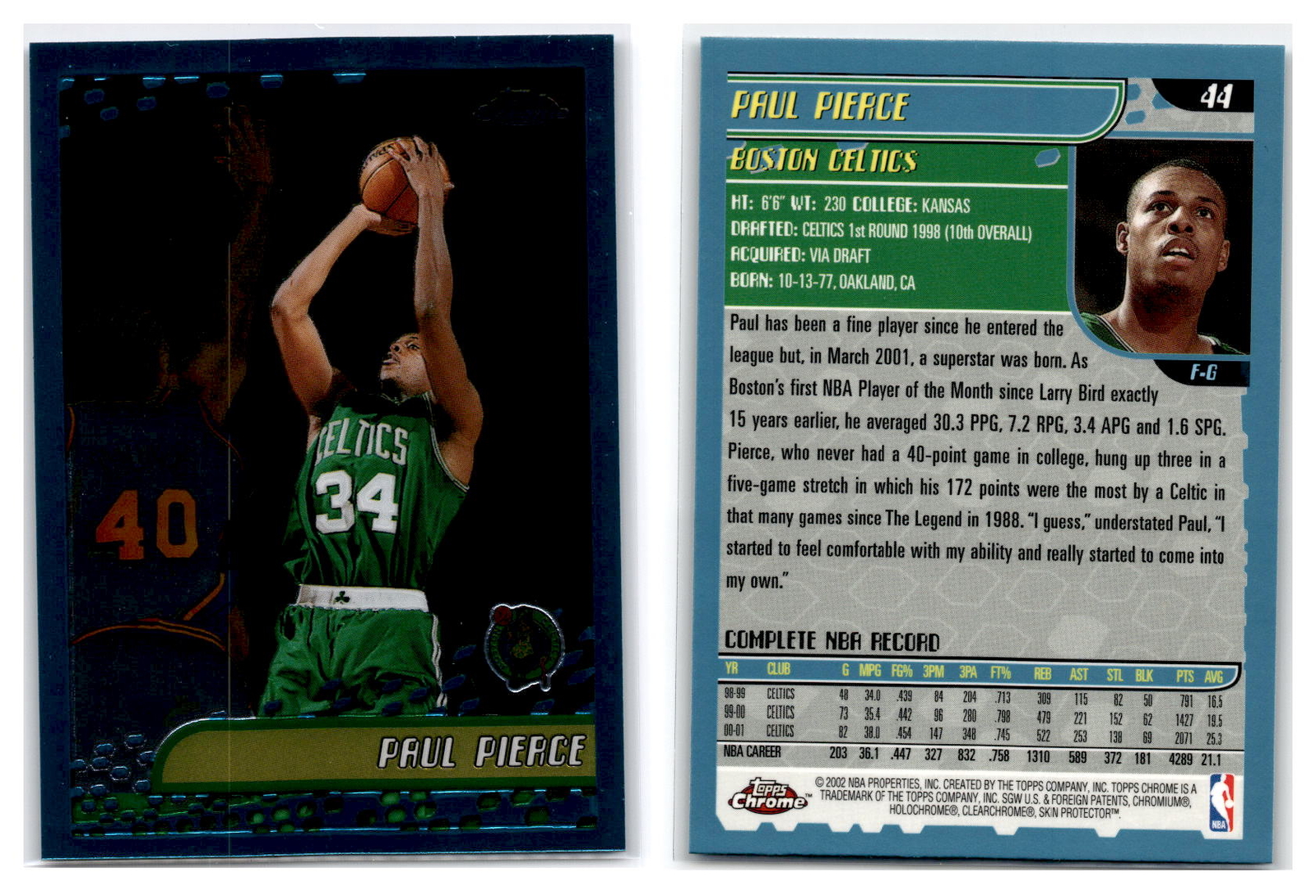 2001-02 Topps Chrome Basketball #44 Paul Pierce - Boston Celtics