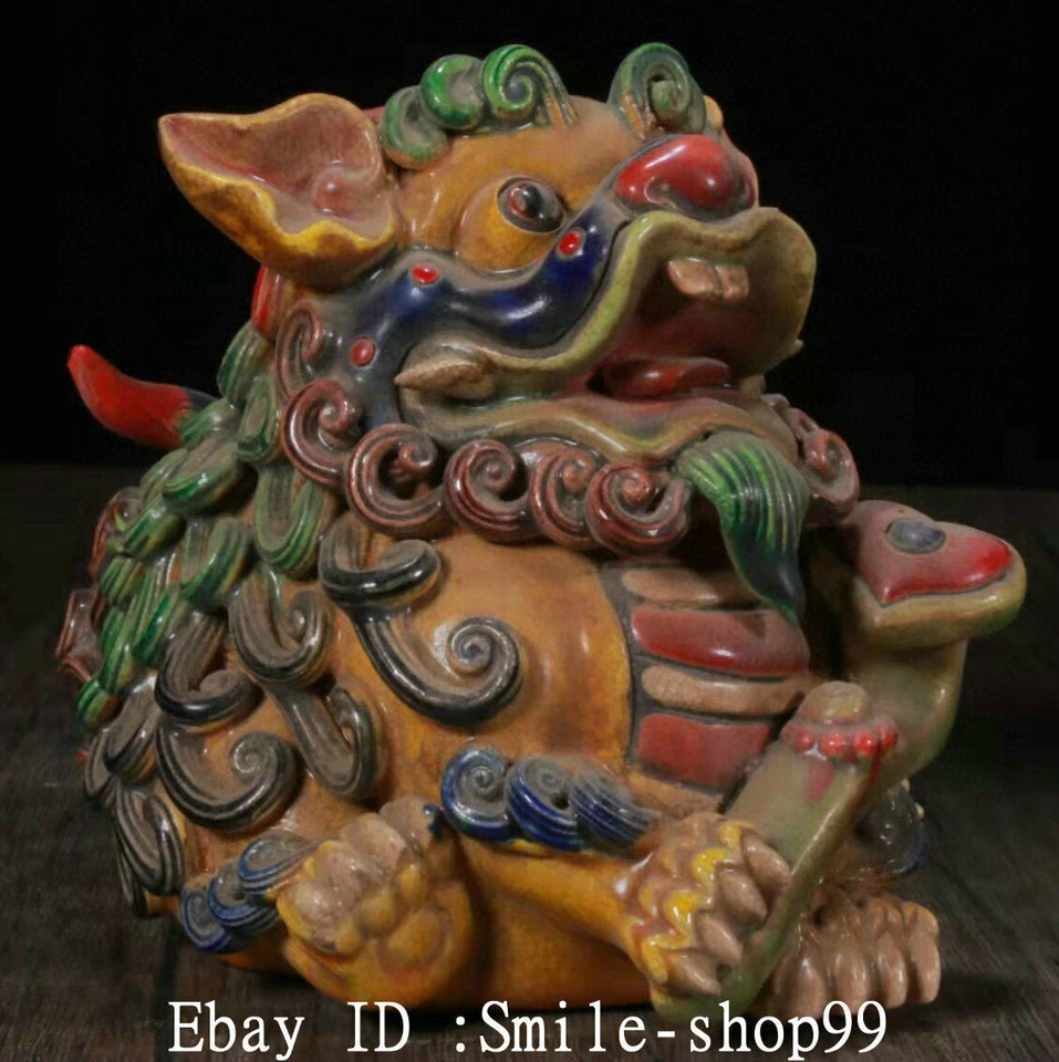 Par de estatua de lingotes de león Ruyi de porcelana Foo Fu de porcelana antigua China Shiwan de 4,3" Foto 2 de 4