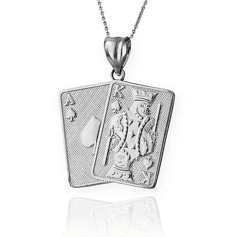 Silver Ace and King of Spades Blackjack 21 Hand Cards Charm Necklace