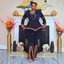 Women African Bodycon Top Long Pants Plus Size Rhinestone Wedding Gown Cocktail