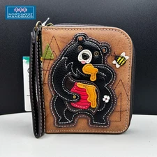 BLACK BEAR HONEY BEE ZIP AROUND WALLET BROWN CHALA