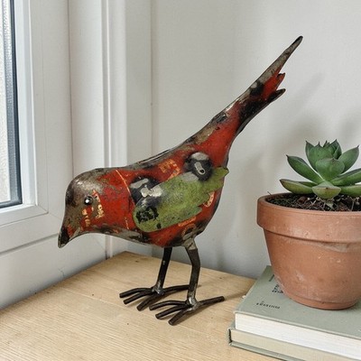 Recycled Vintage Scrap Metal Red Bird Green Wing Statue Home Farm Garden Decor