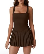 G🤎Qinsen Women’s Size L Short Stretch Dress Square Neck Chestnut Color