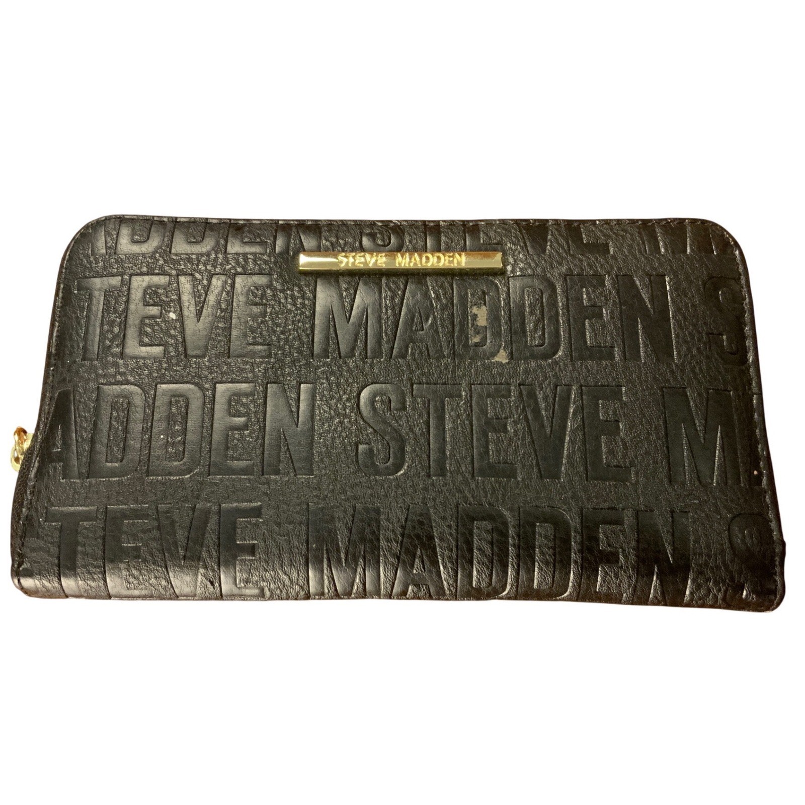 Steve Madden Black Embossed Logo Zip Around Wallet Gold Tone Hardware Womens